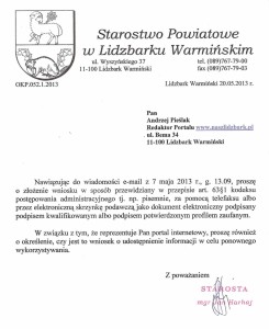 Odpowiedź Starosty na wniosek o udostępnienie informacji publicznej.