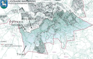 Teren dzielnicy uzdrowiskowej z naniesioną lokalizacją niektórych obiektów.